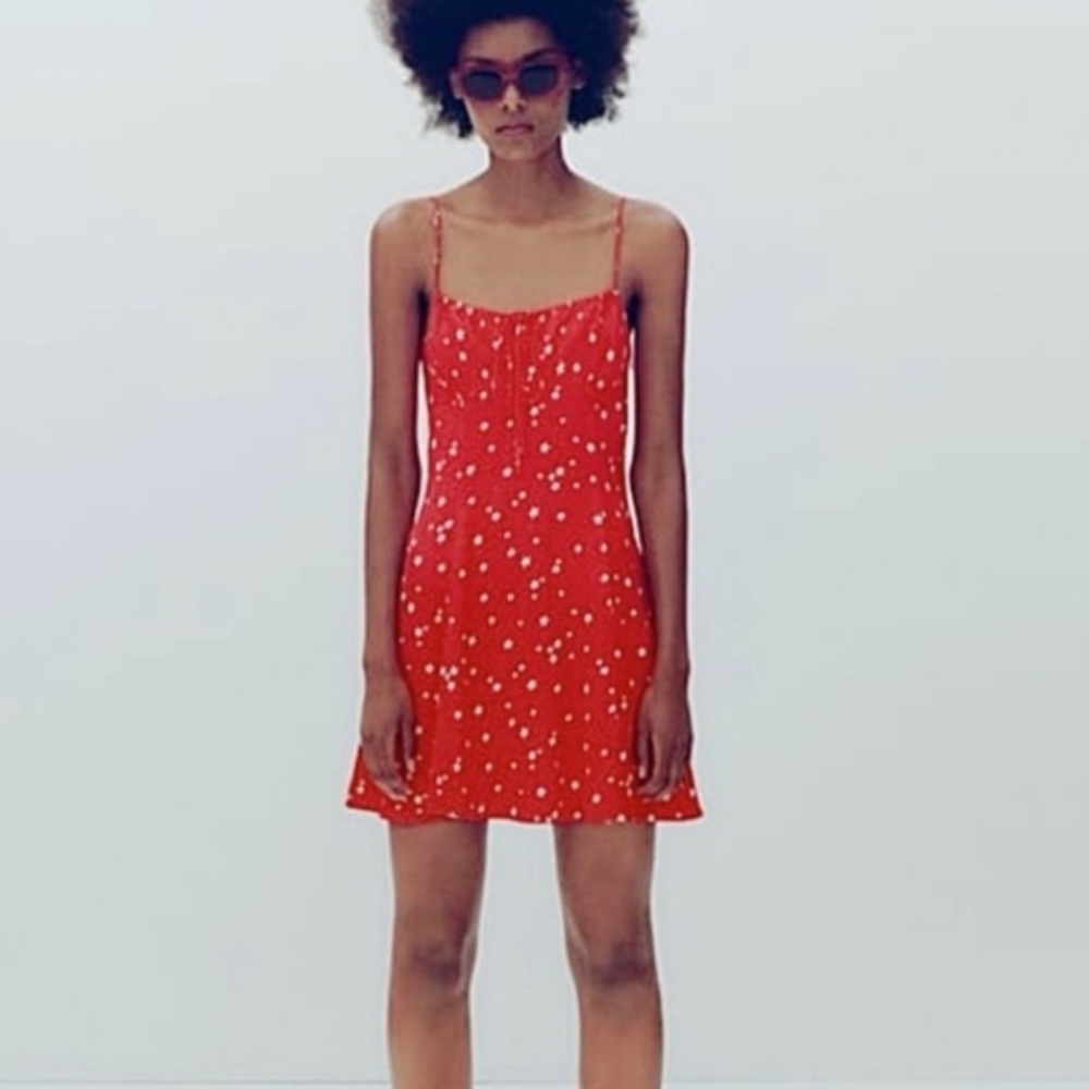 Zara Red Satin Star Strappy Polka Dot Mini Dress Size XS